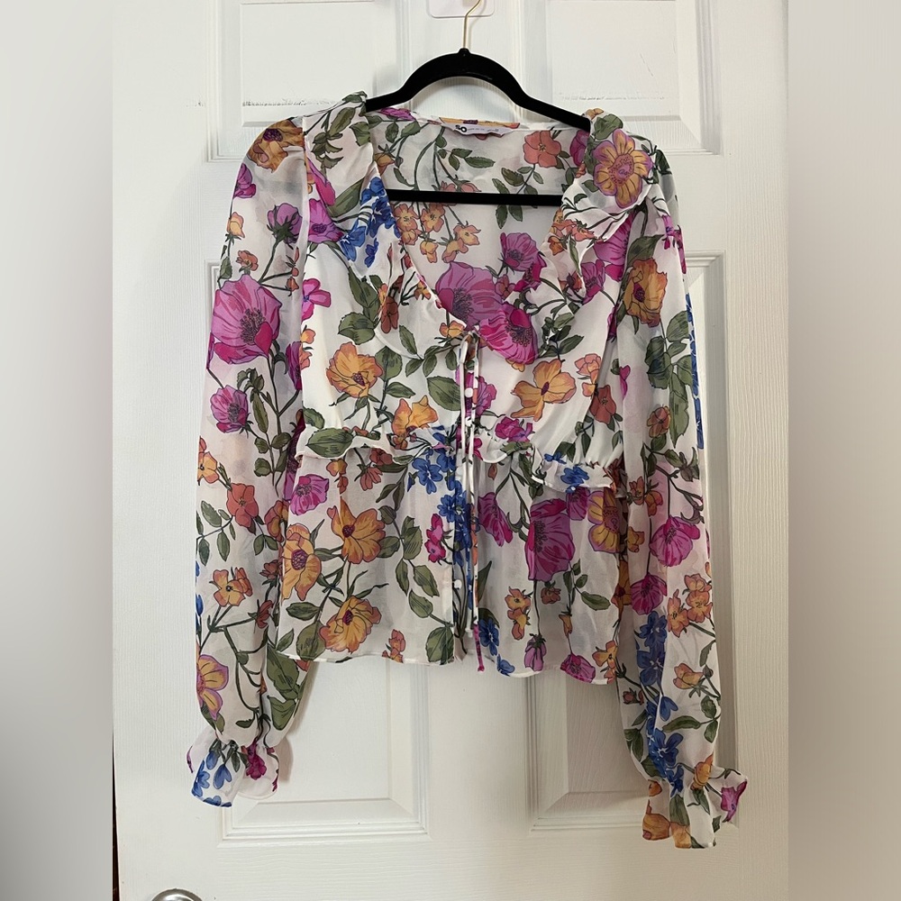 SO Floral Tie-Front Sheer Blouse - Pink, Yellow, Blue